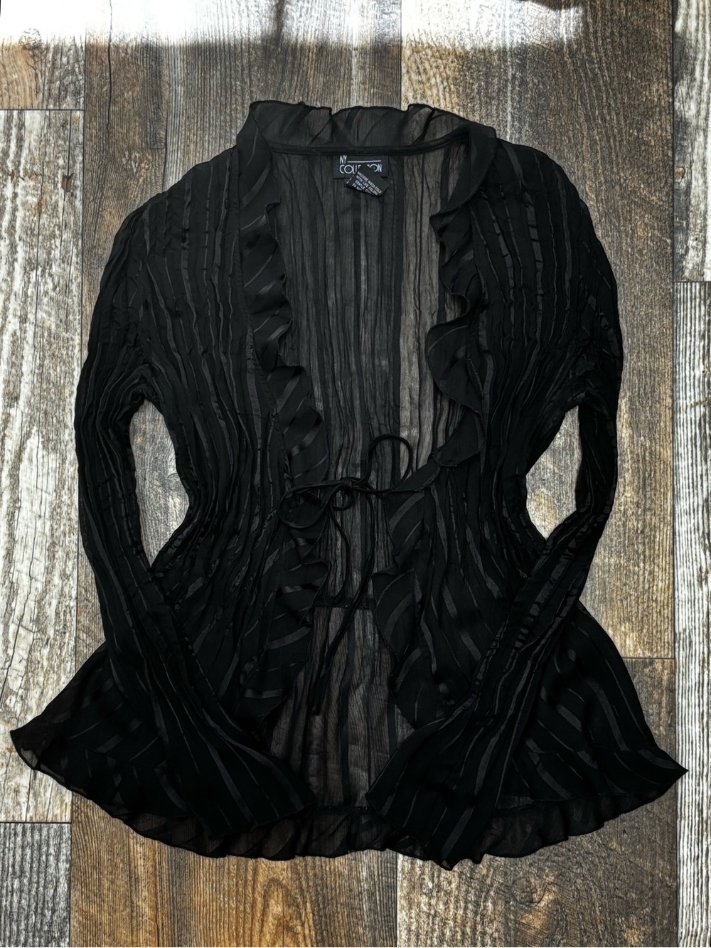 NY Collection Sheer Black Ruffle-Edge Cardigan